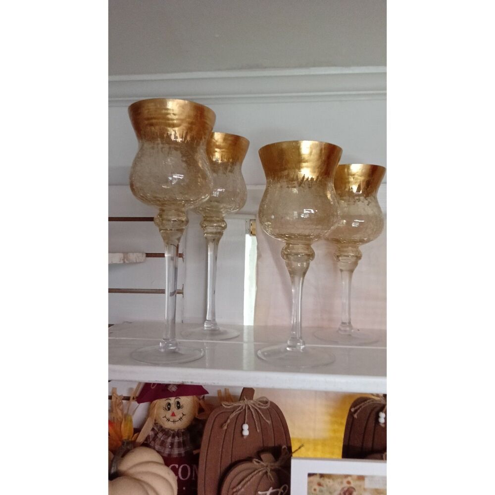 Gold Rim Crackle Glass Candle Holders Set of 4 Tall Stem